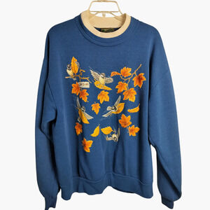 3169)Vintage 90's Calico Harbor Blue Autumn Leaf Grannicore Sweater Size Large